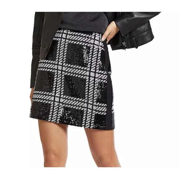 Ted Baker 4 Black White Hoopss Checkered Sequin Mini Skirt Size 12 US Windowpane - Picture 16 of 16